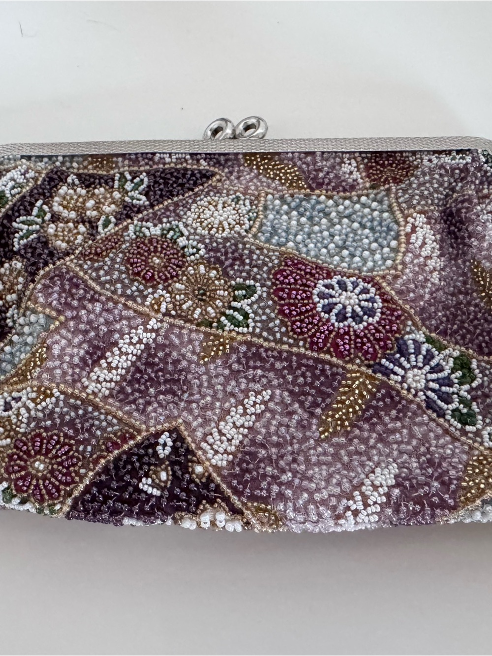 Vintage Handmade Seed Bead Clutch Purse Floral Patchwork Kiss Lock Evening Bag - Picture 4 of 7